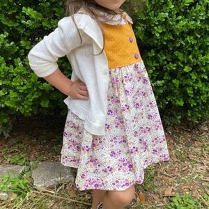 Charming Mustard and Purple Floral Kids Handmade Dress
